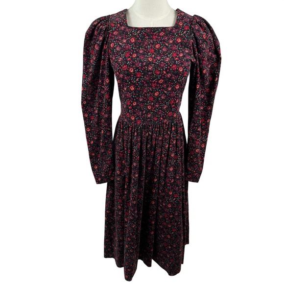 Laura Ashley Dresses & Skirts - Vintage Laura Ashley Dress Women 6 Black Red Floral Corduroy Puff Sleeve Prairie